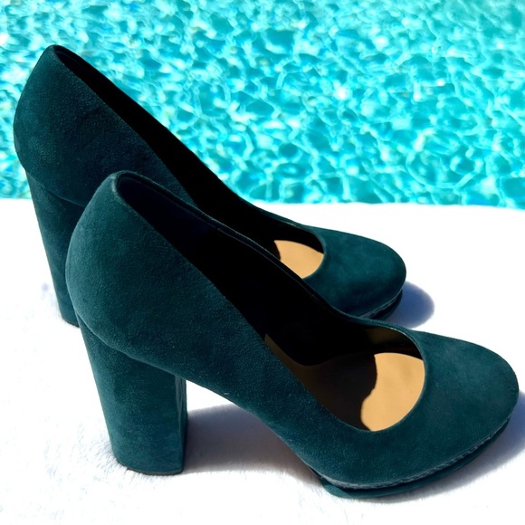 Dolce Vita Veile Suede Block Heels Platform Teal Green Faux Snake Skin Trim 10 - Picture 15 of 17